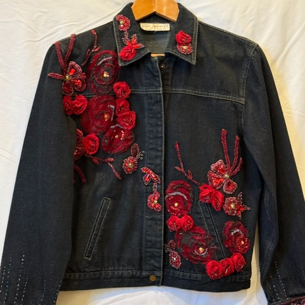 Mary Francis red Beaded Denim Jean Jacket size Medium